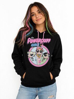 Powerpuff Girls Hoodie XS Black Cartoon Network Graphic Sweatshirt Cute Juniors